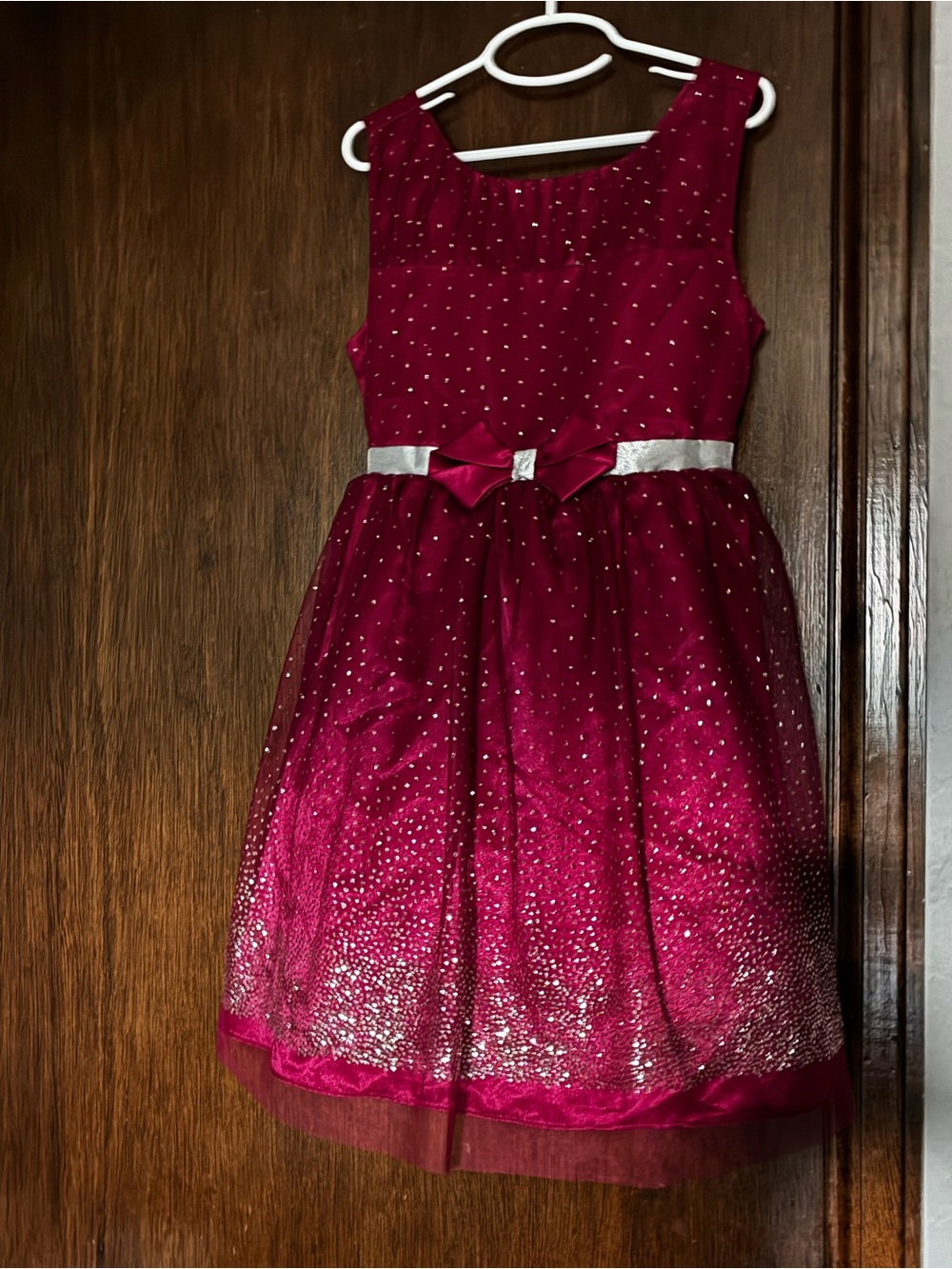Jona Michelle Burgundy Sparkle Tulle Dress with Bow Sz 7 Christmas party holiday